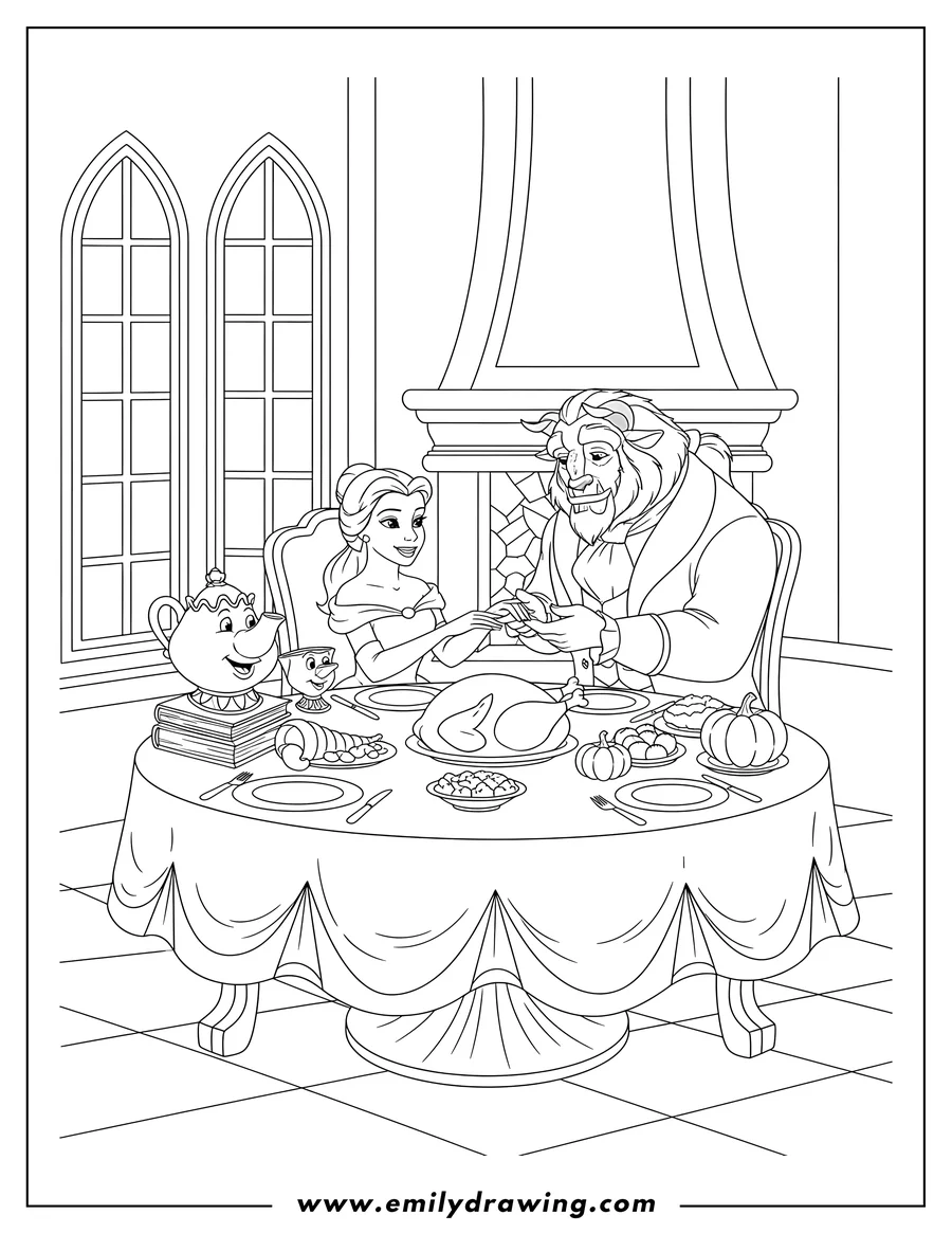 PDF style coloring page: beauty And Beast Thanksgiving Celebration, with Belle and Beast sharing dinner at a table with Mrs. Potts and Chip