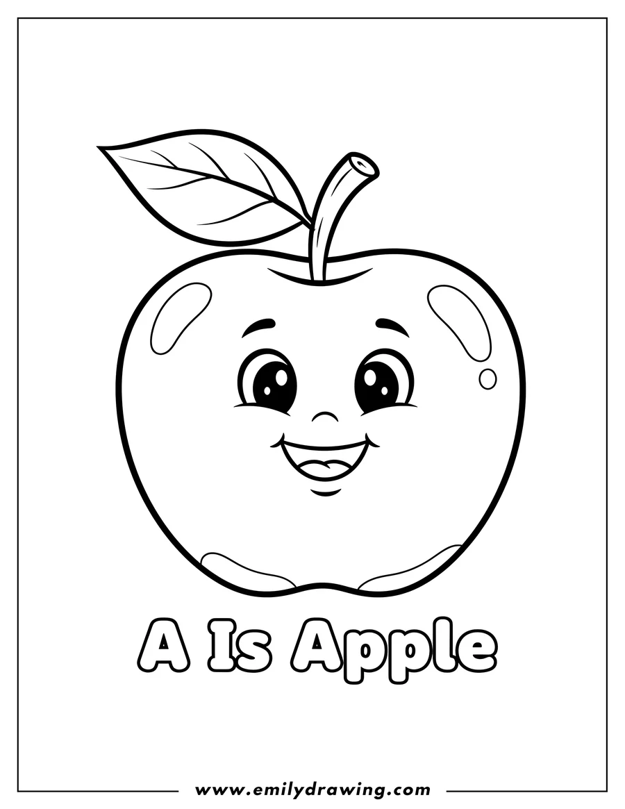 PDF style coloring page: big Apple with a stem and a leaf, with 'A Is Apple Text' for preschoolers