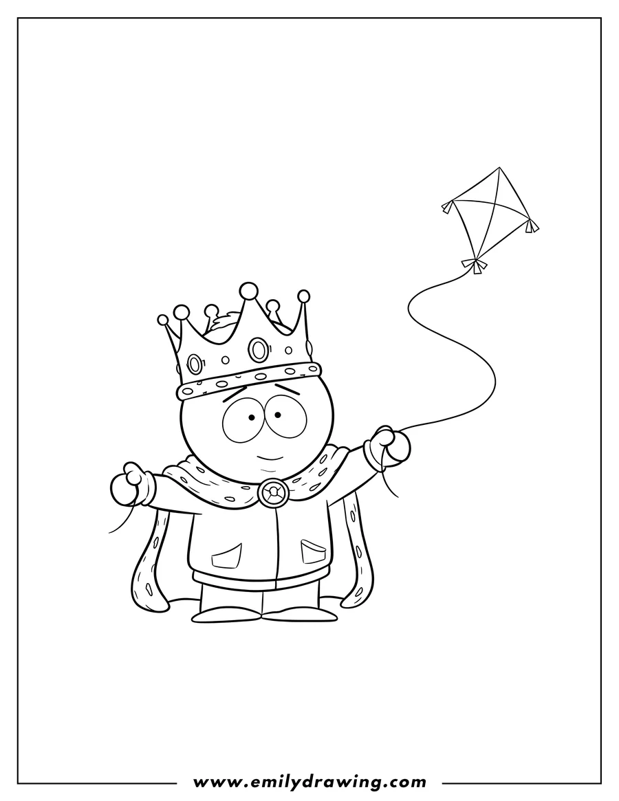 Vector style outline of cute Butters Stotch alter ego from South Park wearing a crown and cape, holding a string