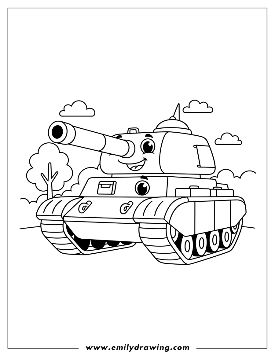 High quality printable cartoon Military Tank With Smiling Face, with round eyes and a cannon for coloring