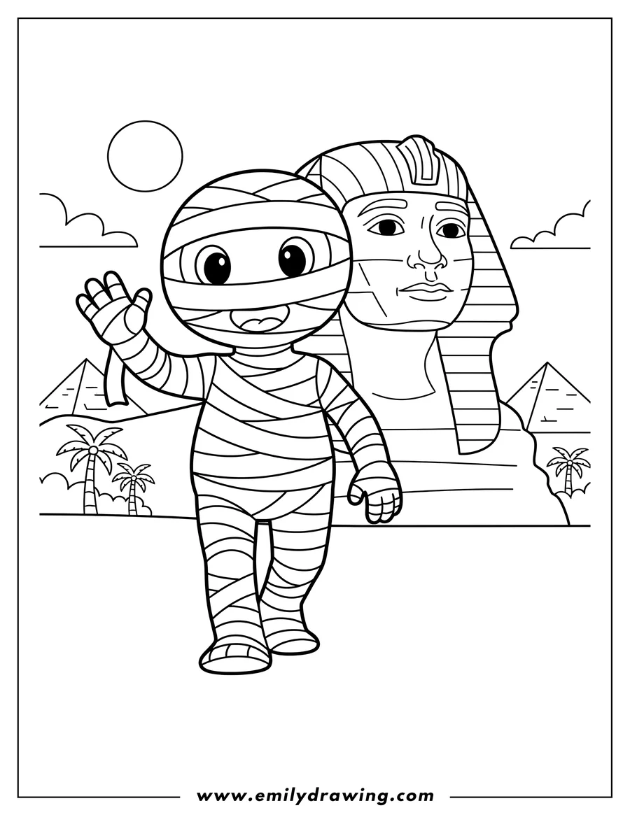 Printable line art of cartoon Mummy walking with an arm raised in front of the Great Sphinx head in Giza