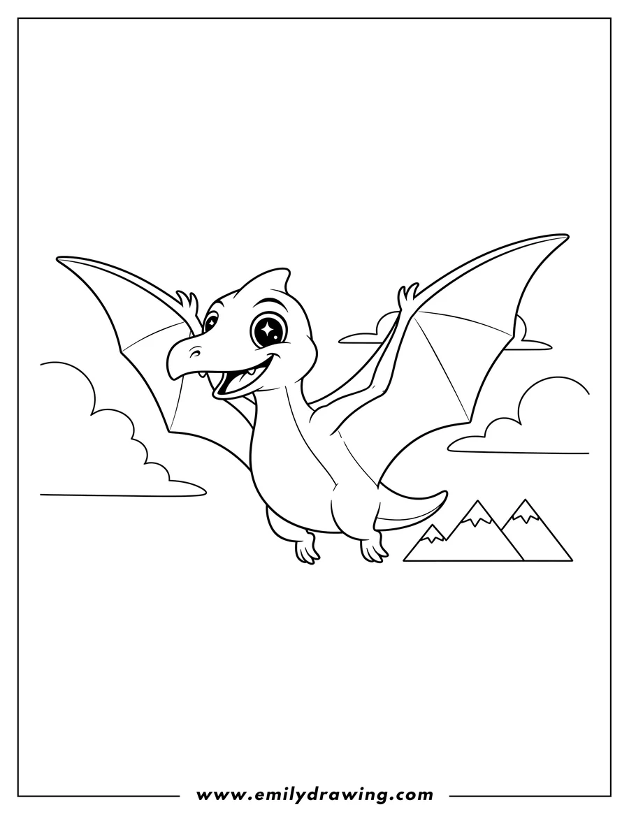 Clean line drawing: cartoon Pterodactyl flying and smiling, with glimmering eyes