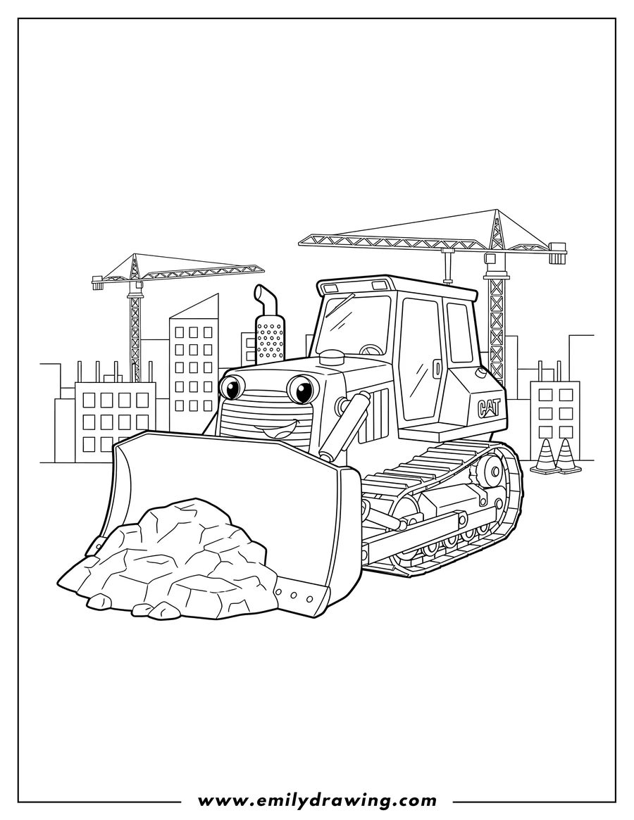 Coloring page for kids: A Cat Track Type Bulldozer with a large front blade at a city construction site