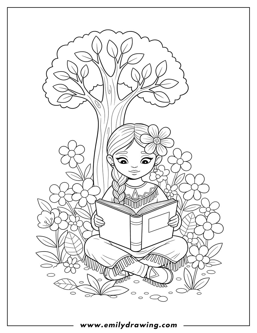 Downloadable coloring page of charming Native American Girl sitting cross-legged with a braid and flower in her hair, reading a book in a flower field under a tree