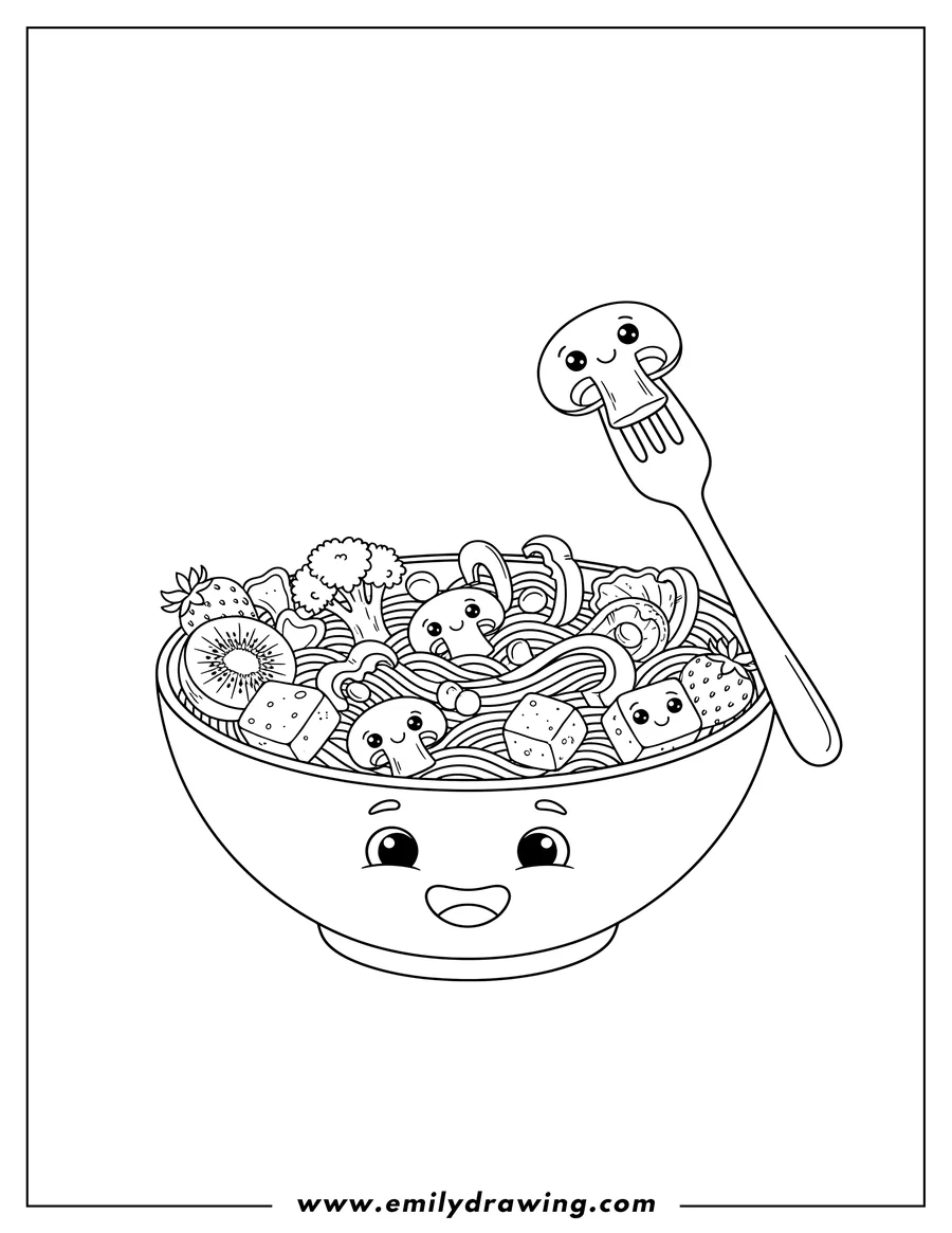 Coloring page of asian Stir Fry, a colorful healthy bowl with sliced fruit, mushrooms, and a fork