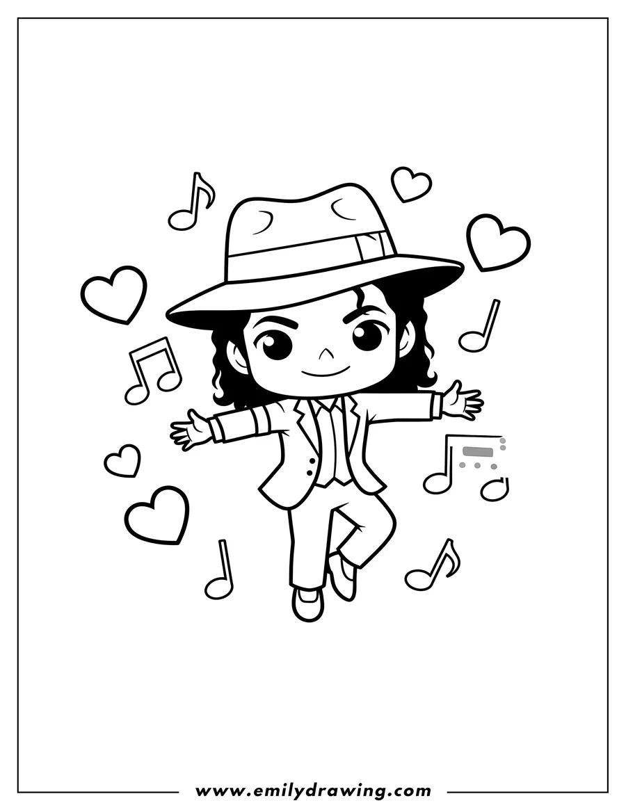 Clean line drawing: chibi Michael Jackson wearing a fedora and suit, dancing with musical notes and love hearts for preschoolers