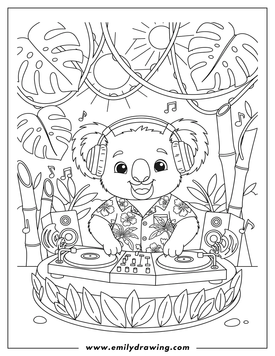 Clean line drawing: dj Koala wearing headphones and a Hawaiian shirt, playing music at turntables in a jungle