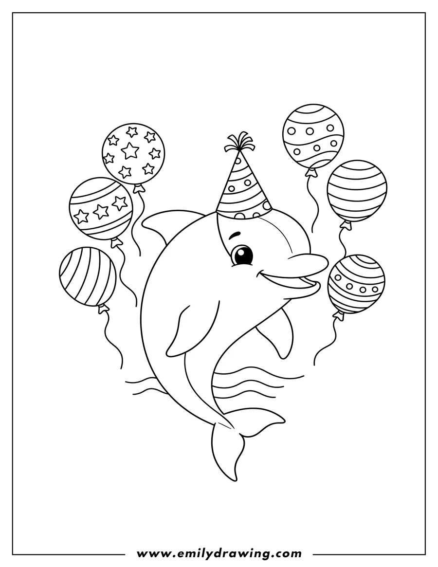 Coloring page of A cute dolphin wearing a party hat, smiling, with balloons floating around