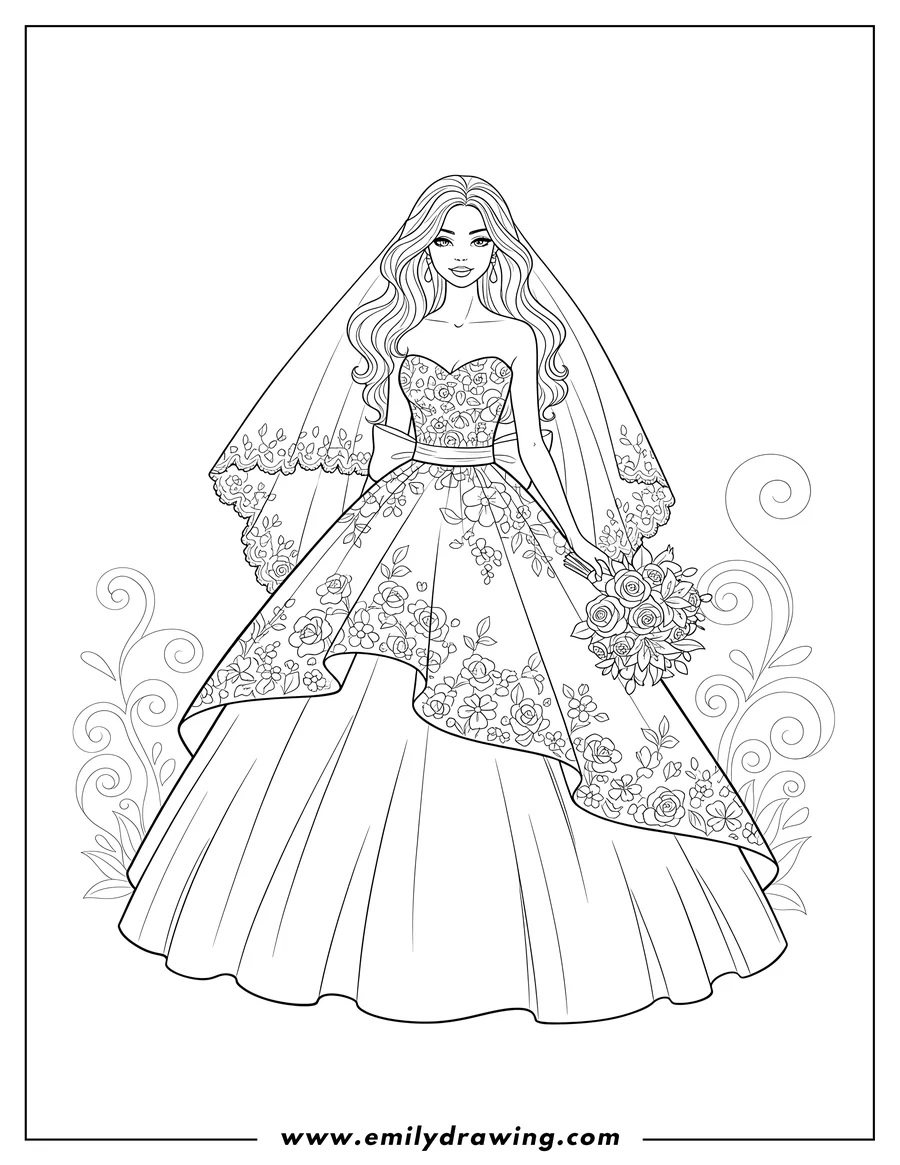 Free printable coloring sheet of fashion Model with long hair wearing a strapless bridal gown with a full skirt
