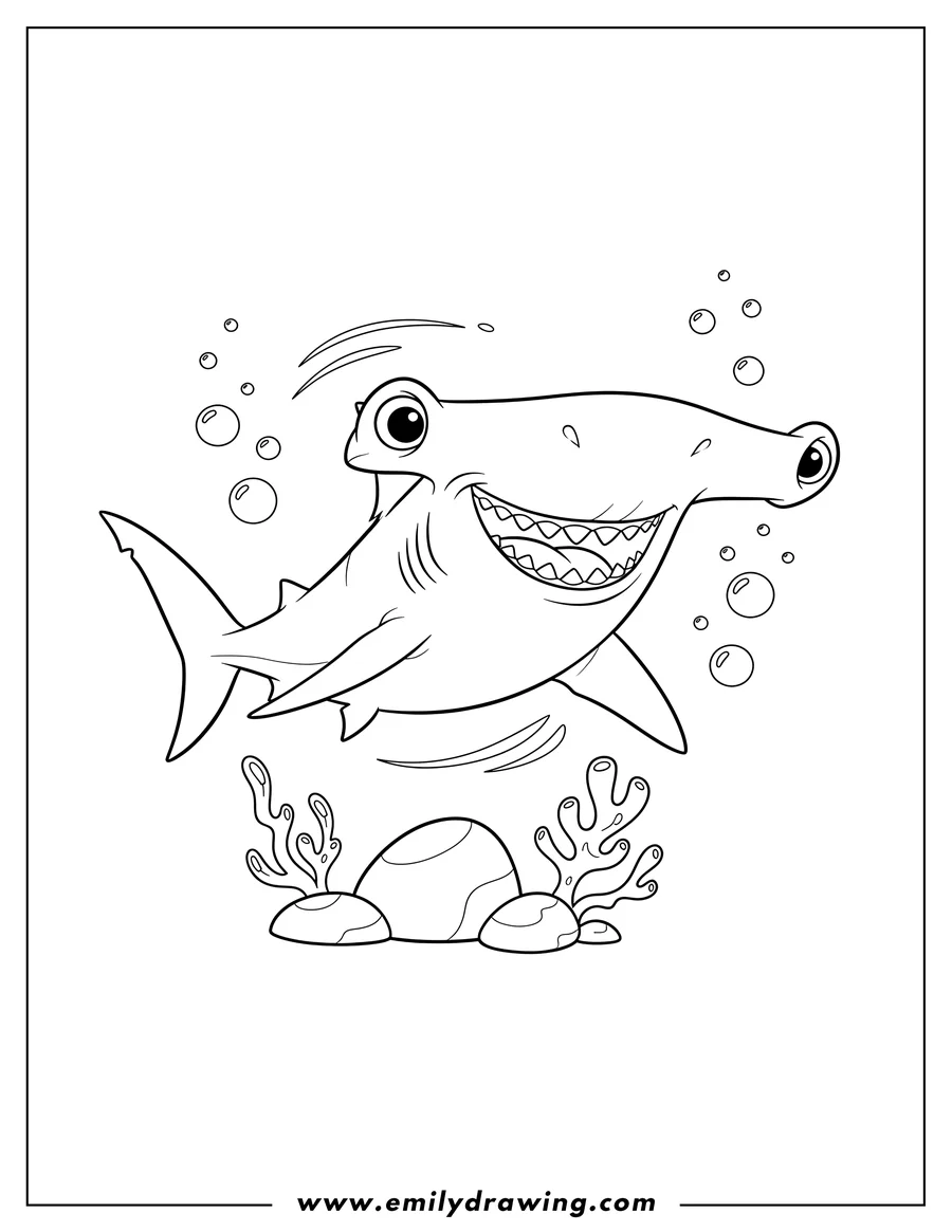 Coloring sheet featuring finding Nemo Great Hammerhead Shark Cartoon swimming with an open mouth