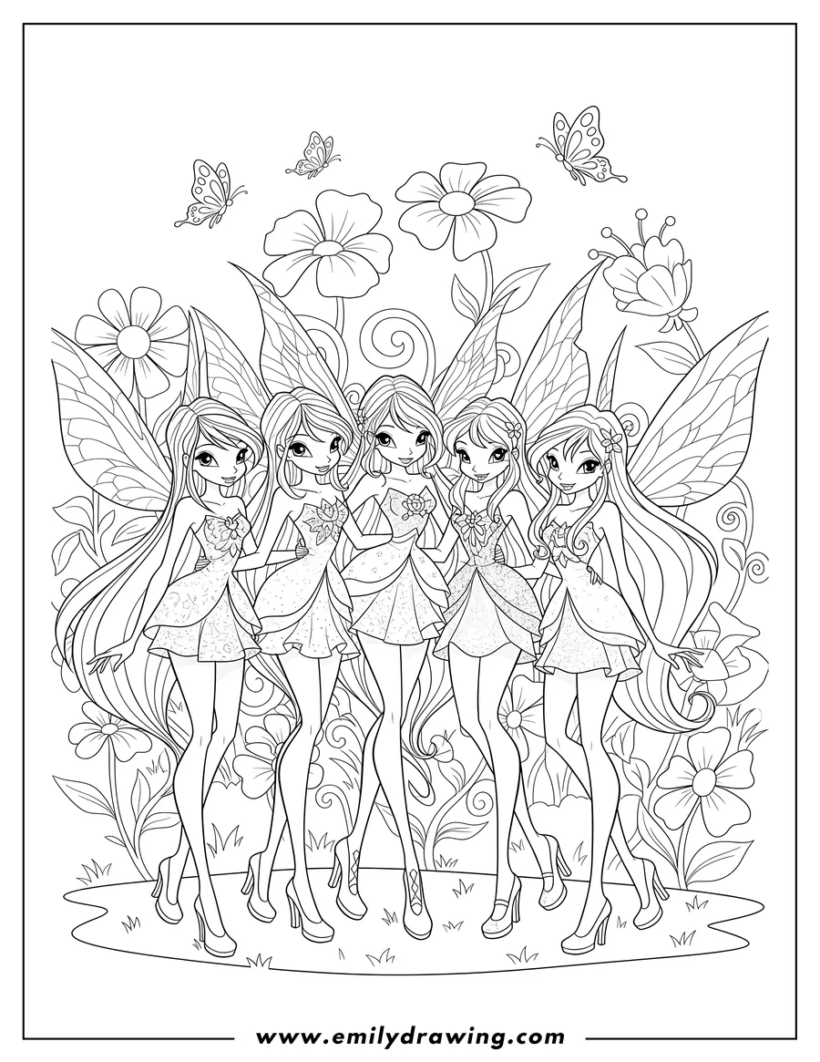 Outline drawing of five smiling Winx Club fairies standing together in a garden with butterflies