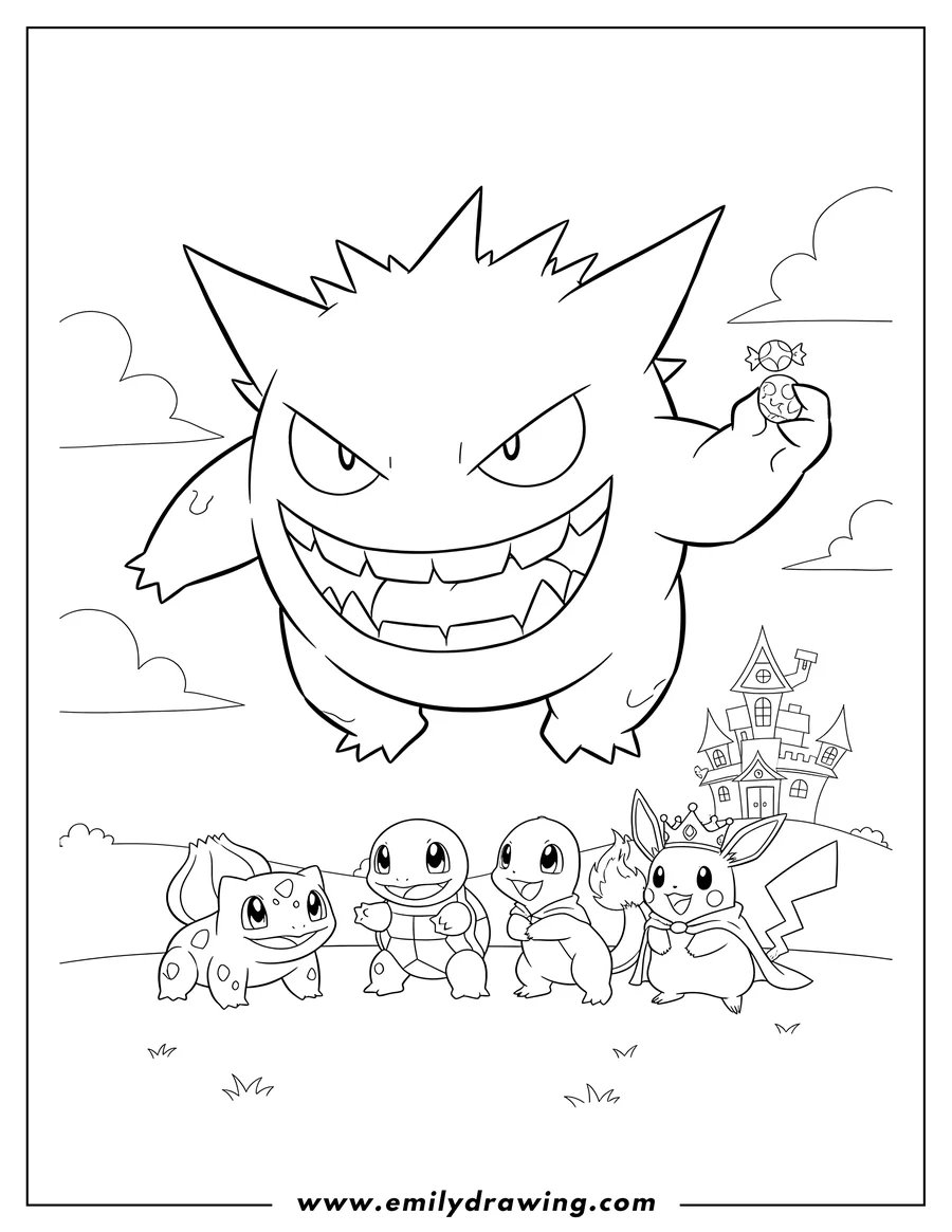 Free printable coloring sheet of giant mischievous Gengar looming over Bulbasaur, Squirtle, Charmander, Eevee, and a costumed Pikachu