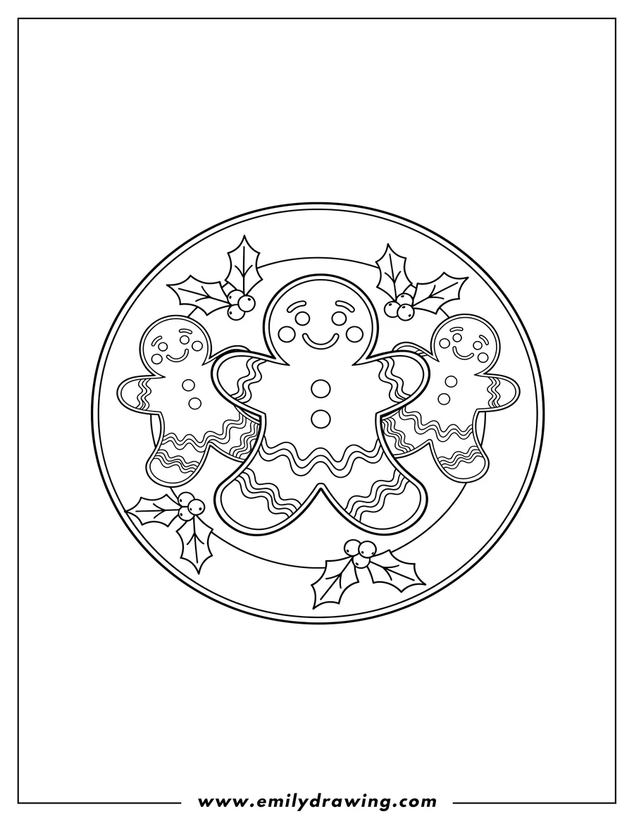 PDF style coloring page: gingerbread Man Cookies on a plate, decorated with icing and holly