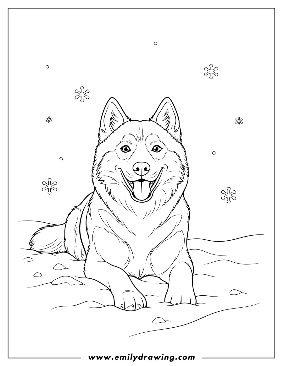 Printable coloring page of husky lying in snow, smiling