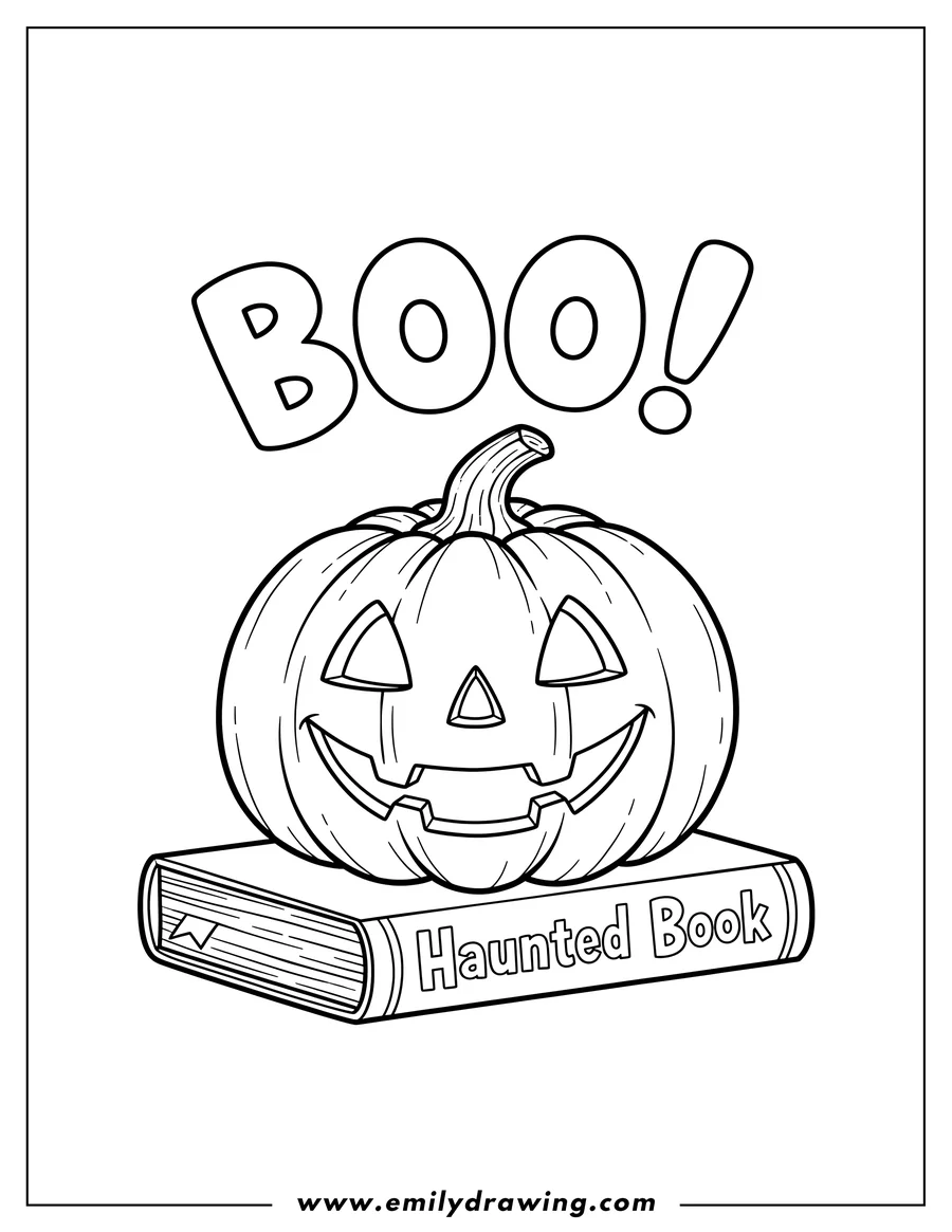 Downloadable coloring page of A carved Jack O Lantern with a smiling face, sitting on a book labeled Haunted Book, with BOO! and an exclamation mark floating above