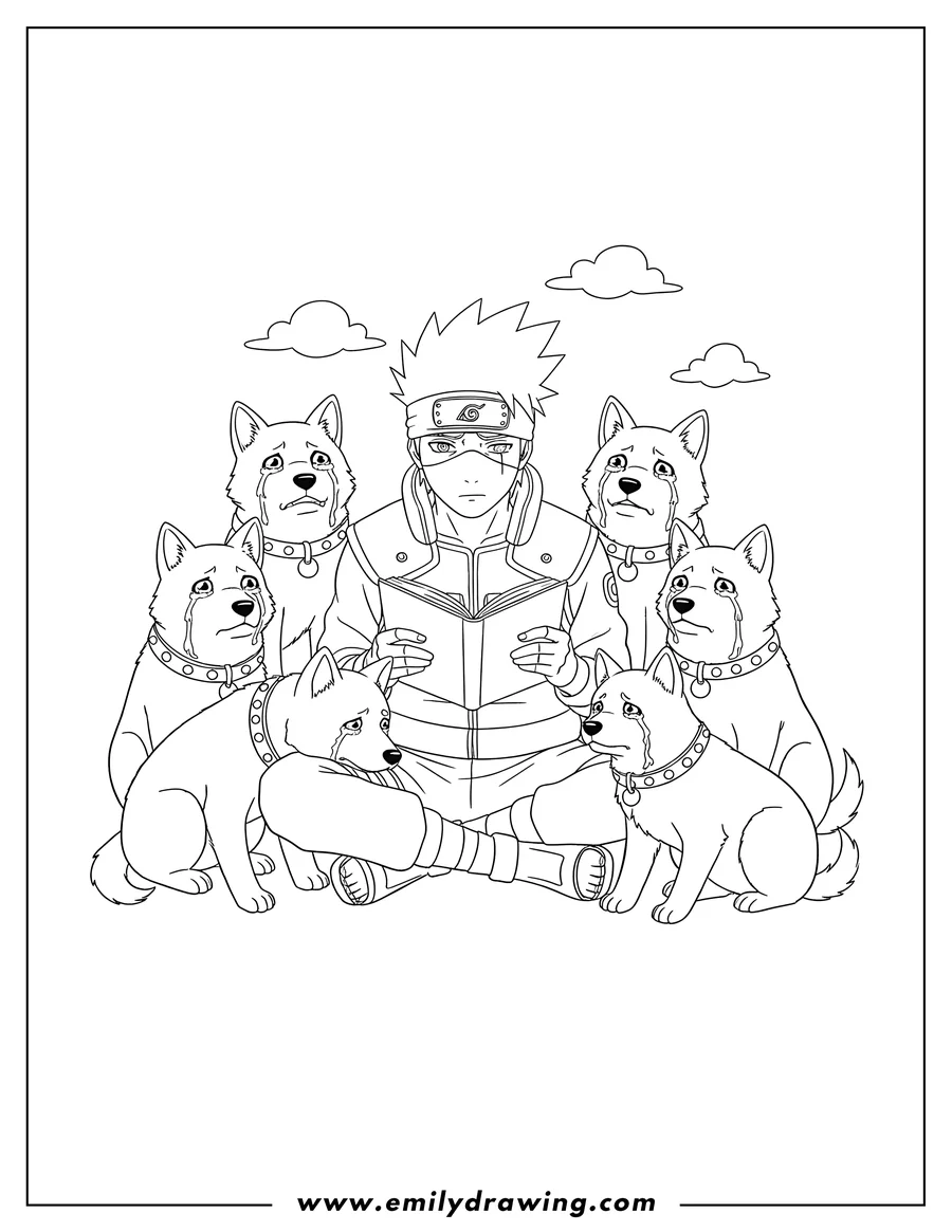 Vector style outline of kakashi reading a book while surrounded by his sad and crying ninja dogs