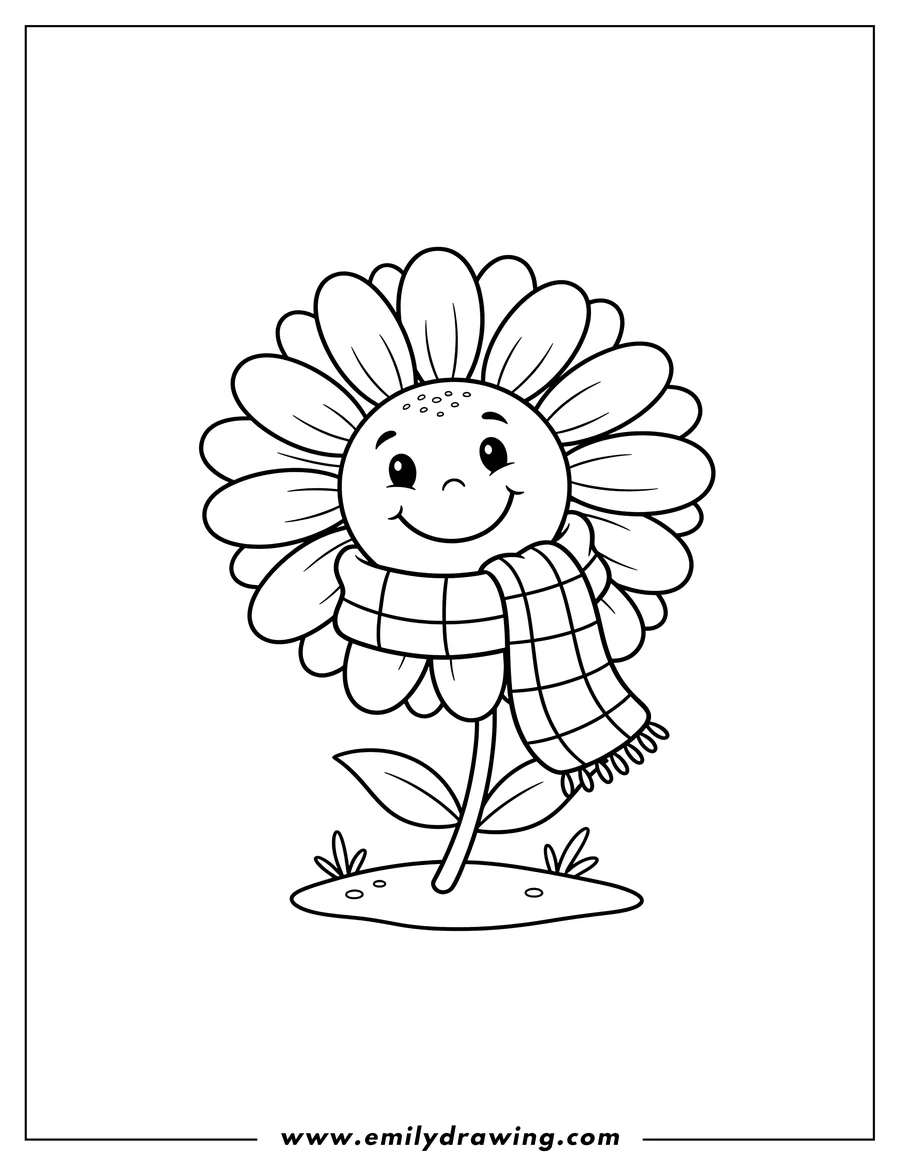 Vector style outline of kid-friendly coloring page of a pretty daisy with a cute smiling face, wearing a cozy checkered scarf