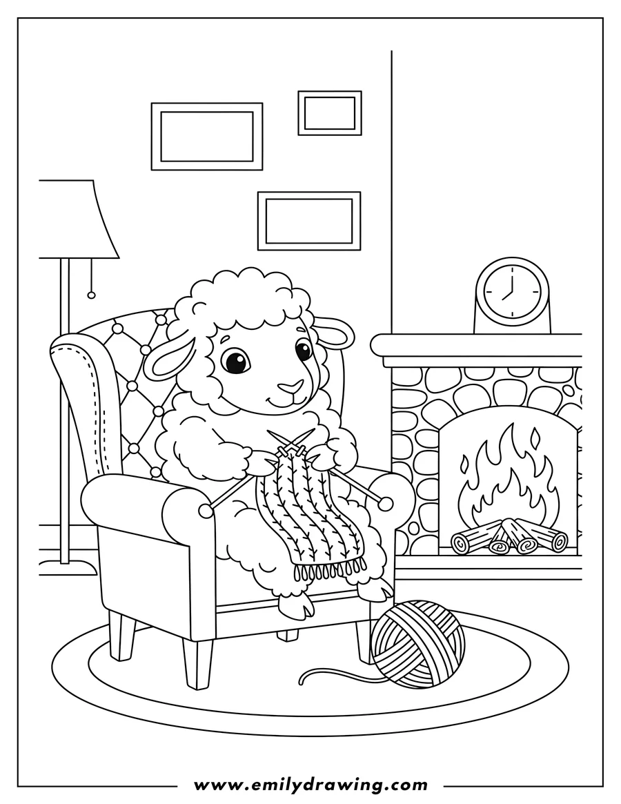 Free printable coloring sheet of knitting Sheep holding needles, sitting in a chair by a roaring fire
