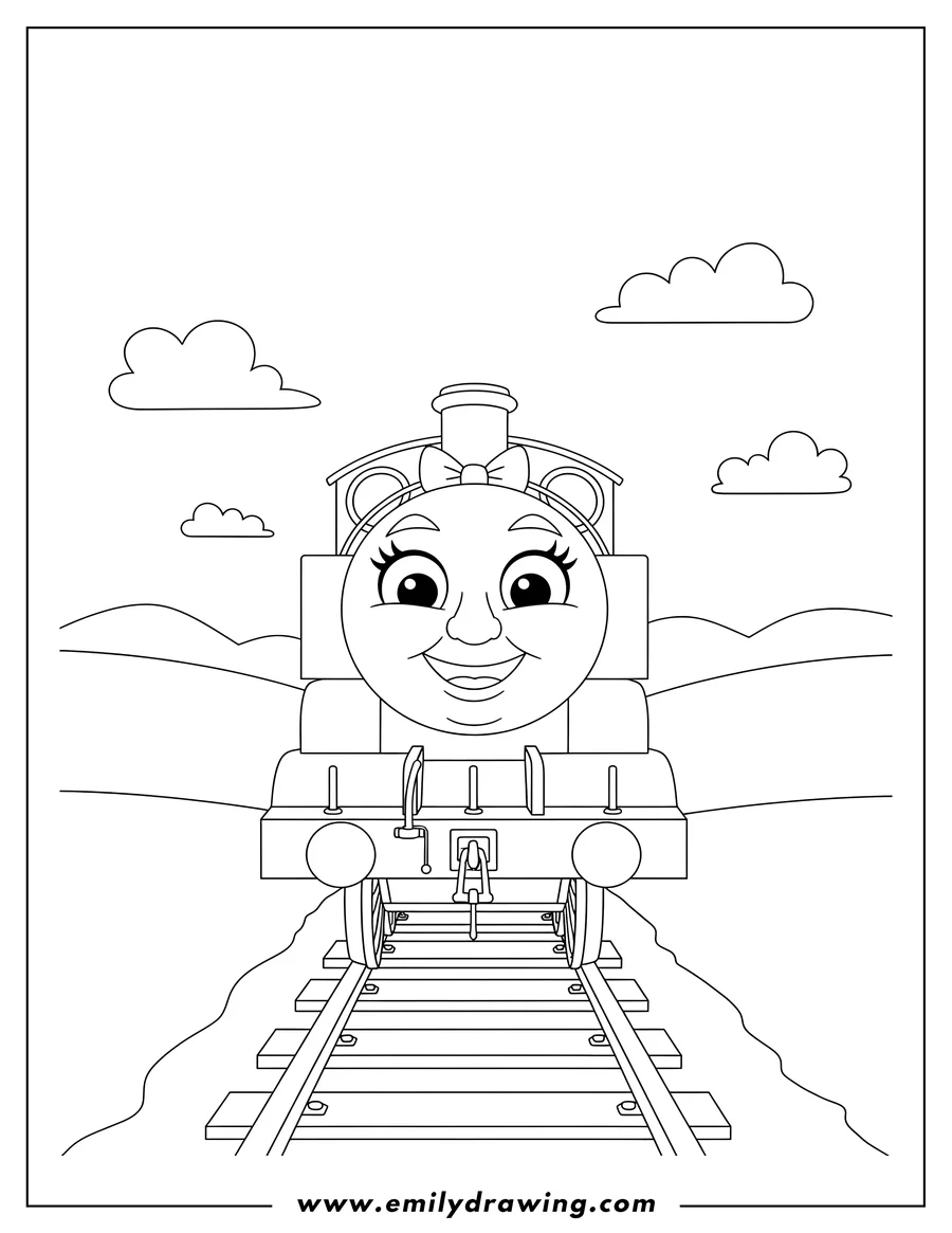 Vector style outline of lady Thomas Tank Engine Scaled, smiling, on train tracks, coloring page
