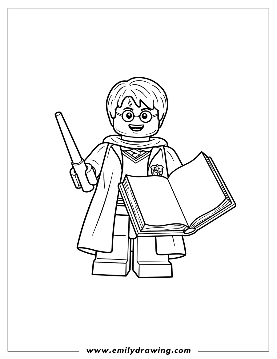 Printable line art of lego Harry Potter With Wand, smiling and holding a book