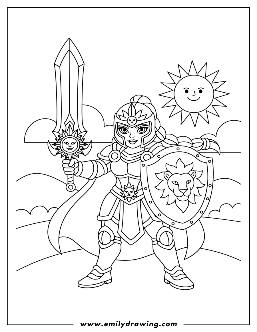 Printable coloring page of leona Radiant Dawn holding a sword and shield