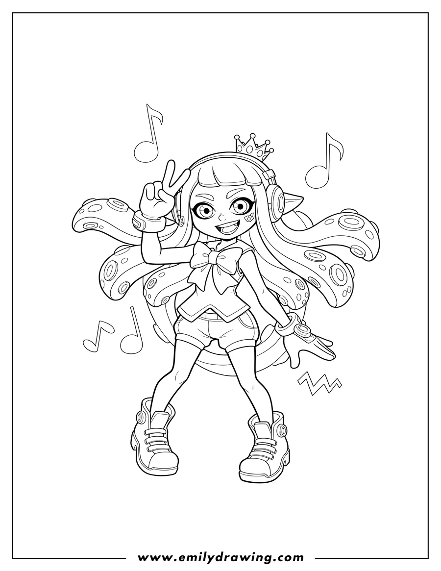 Vector style outline of marina Ida Outline Splatoon 2 in a dynamic pose, smiling with one hand raised to her head