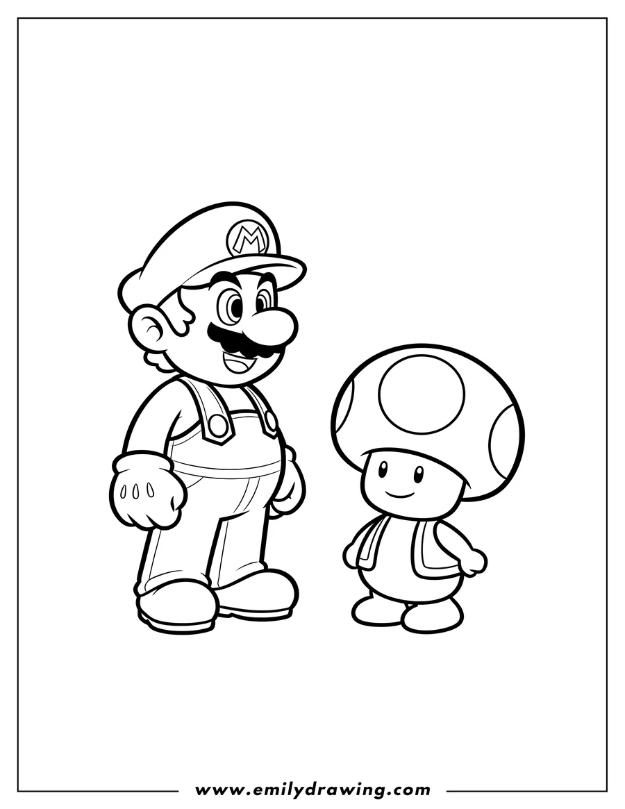 Printable line art of easy Mario And Toad Scaled, standing face to face