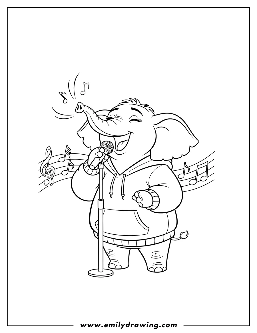 Simple sketch of meena Singing On Microphone, standing and wearing a hoodie to color