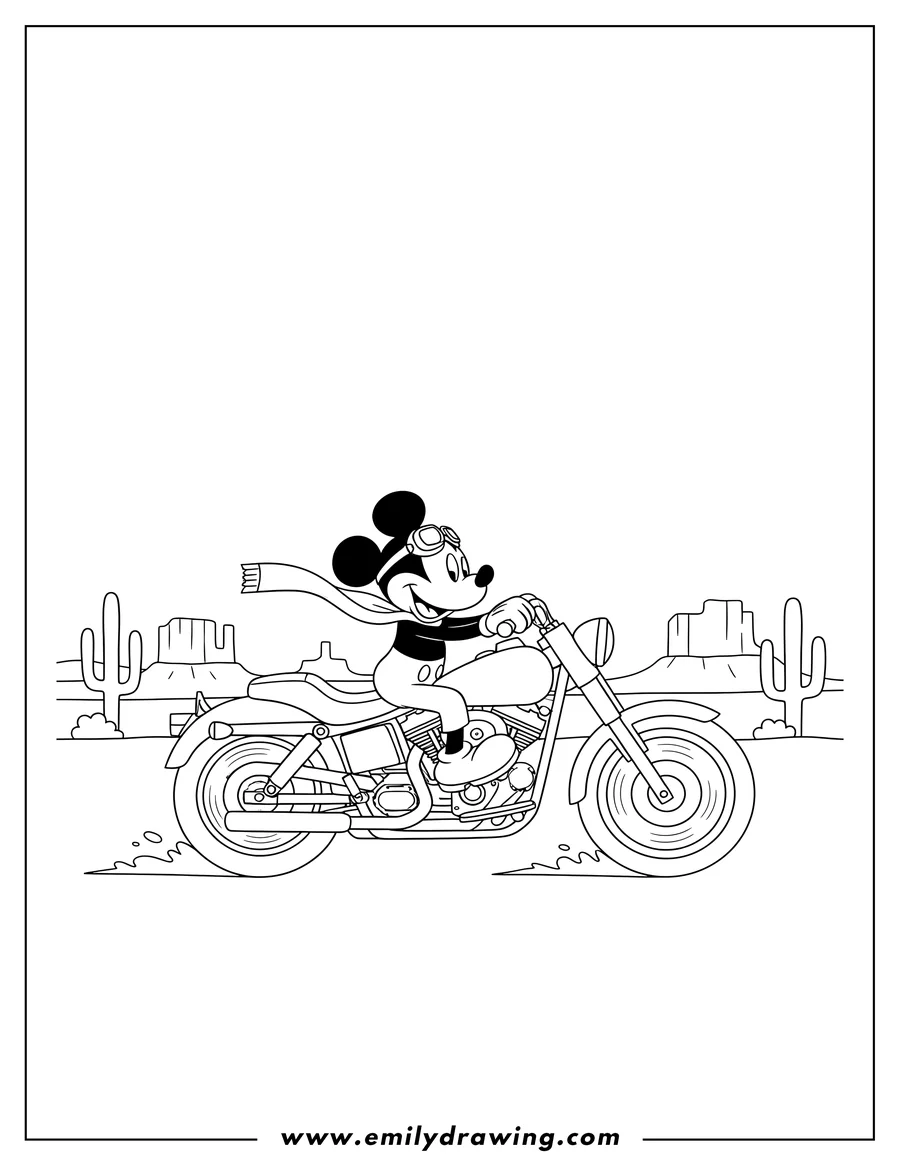 Coloring page for kids: mickey Mouse wearing goggles and a flying scarf, riding a Harley Davidson in the desert