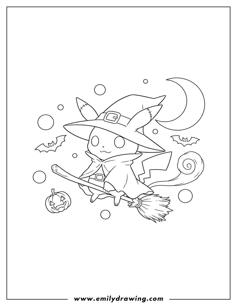 High quality printable mimikyu in a witch costume with a pointy hat, holding its tail up, Halloween for coloring