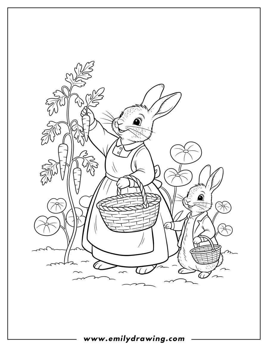 Linear illustration of mrs. Rabbit reaching up to harvest into her basket, with Peter Rabbit standing beside her