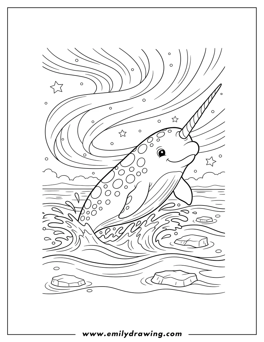 PDF style coloring page: narwhal with spots splashing out of Arctic waters under Northern Lights