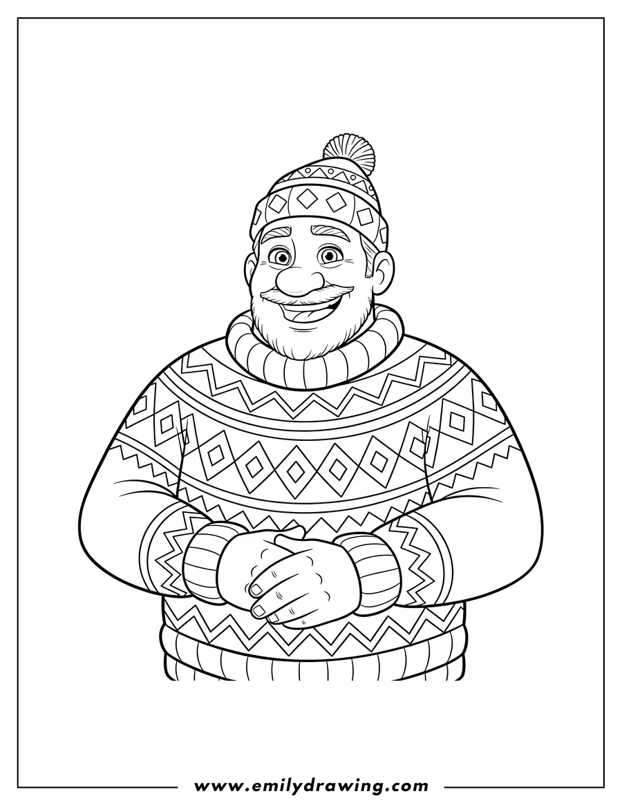 Coloring page for kids: oaken smiling, wearing a patterned sweater and hat, with hands clasped