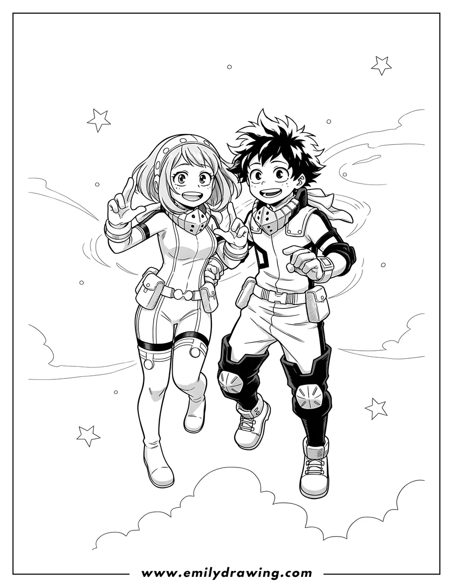 Vector style outline of my Hero Academia Ochaco Uraraka and Deku in their hero costumes, floating and smiling