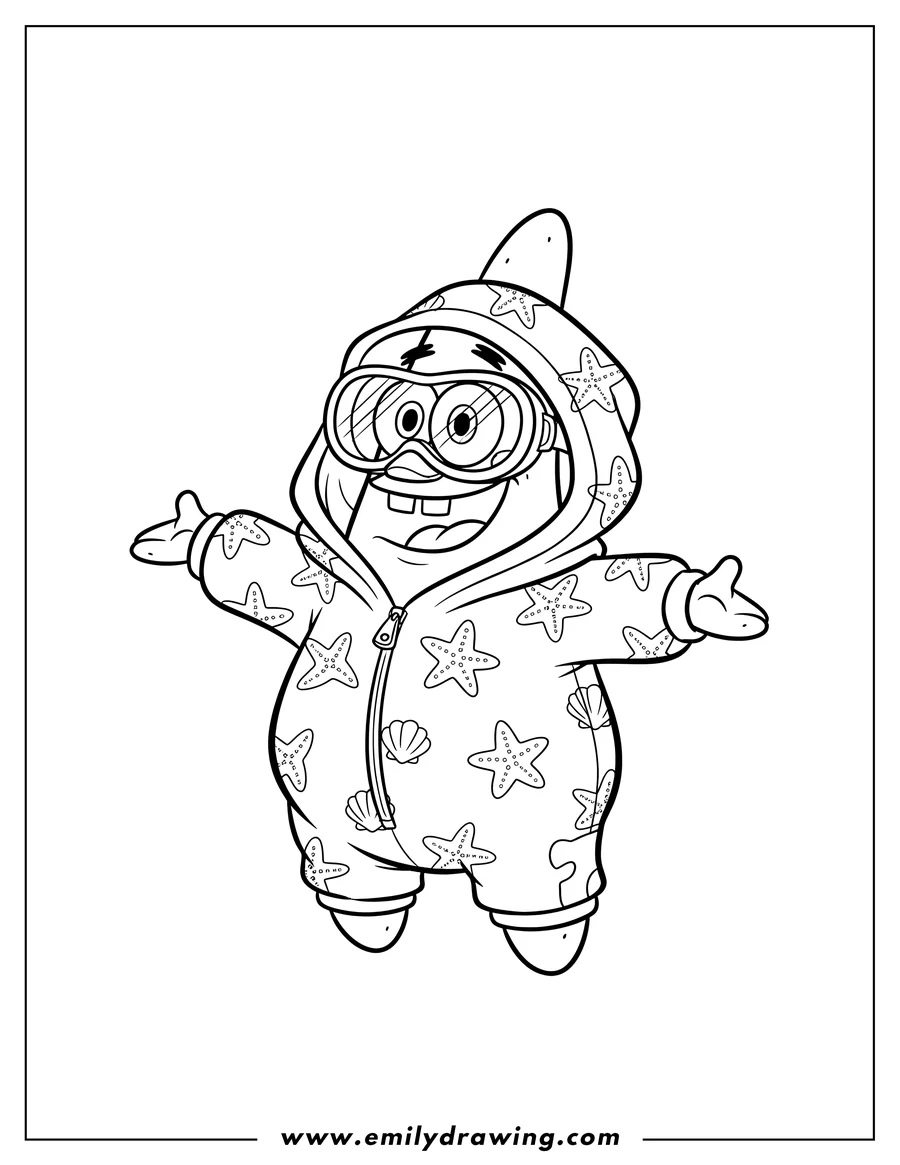 Free printable coloring sheet of patrick Star wearing a onesie and goggles, smiling