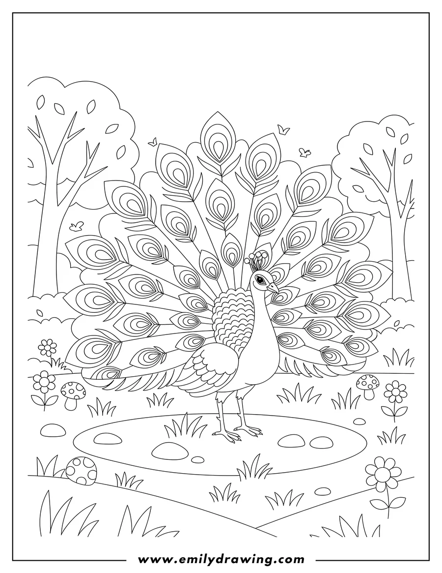 Clean line drawing: peacock standing with its decorative tail feathers fanned out in a woodland meadow