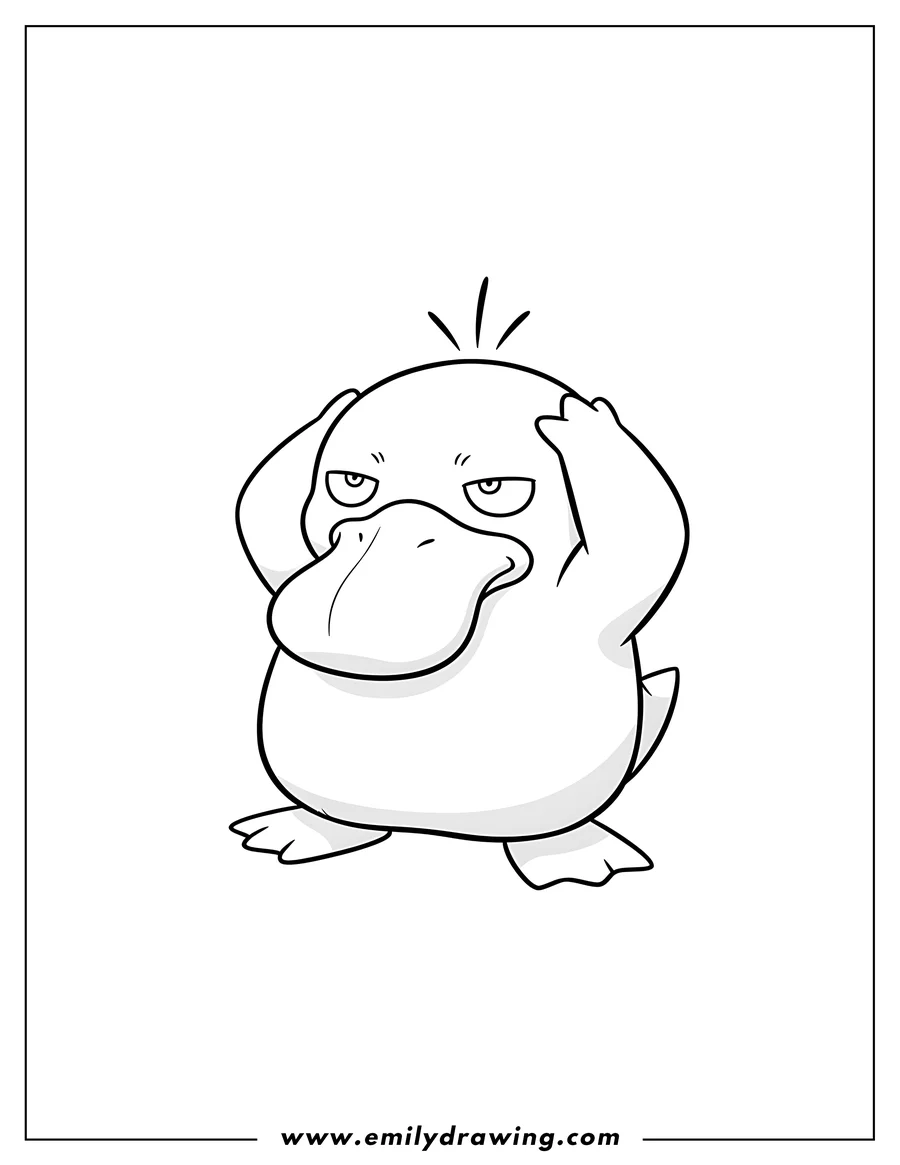 Coloring sheet featuring psyduck holding its head, looking confused, for preschoolers