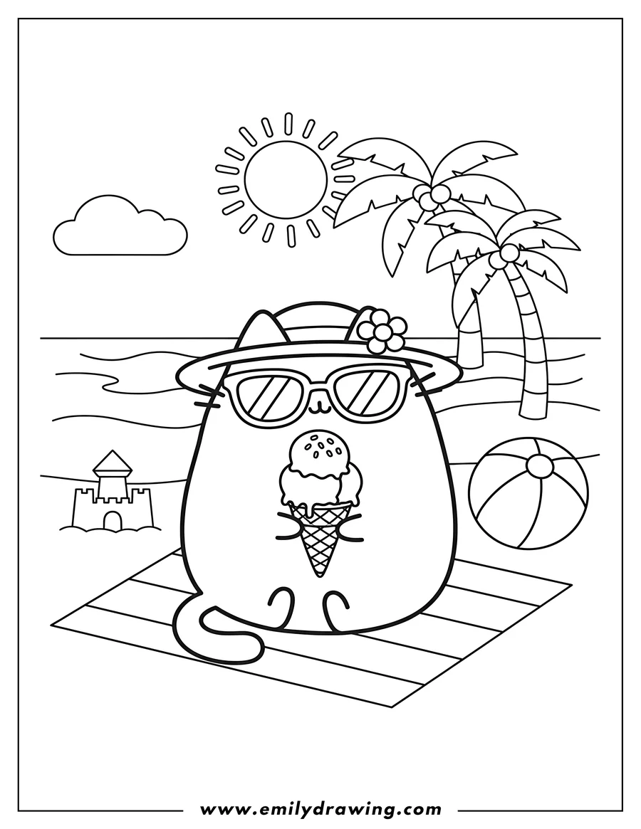 Coloring page of pusheen At Beach During Summer Scaled, eating an ice cream cone