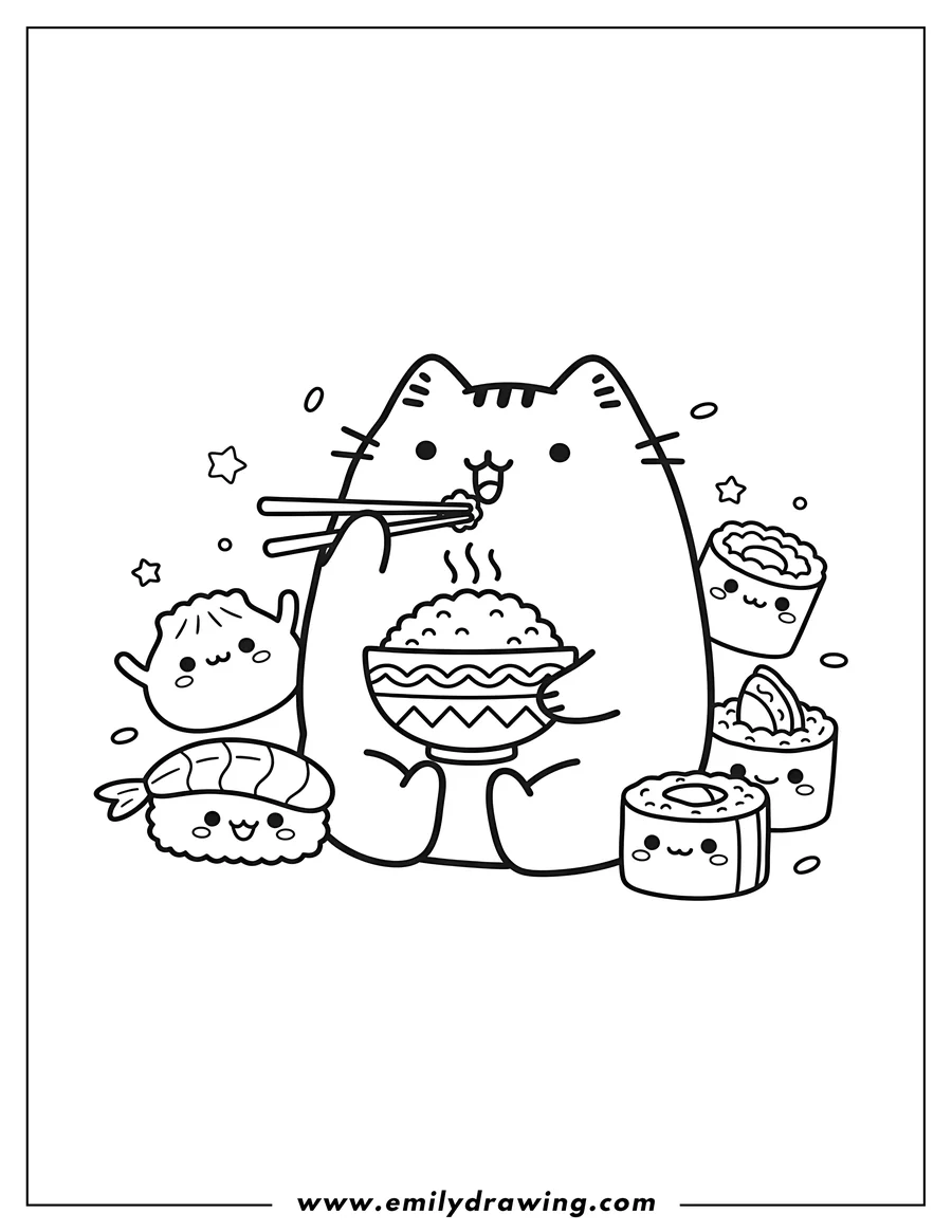 Printable line art of pusheen eating rice from a bowl with chopsticks, surrounded by smiling sushi and dumplings