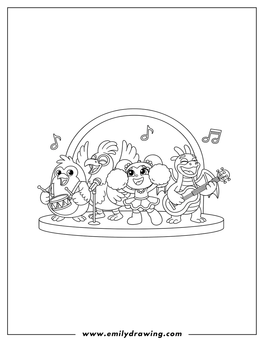 Coloring sheet featuring my Singing Monsters Quarristers singing together