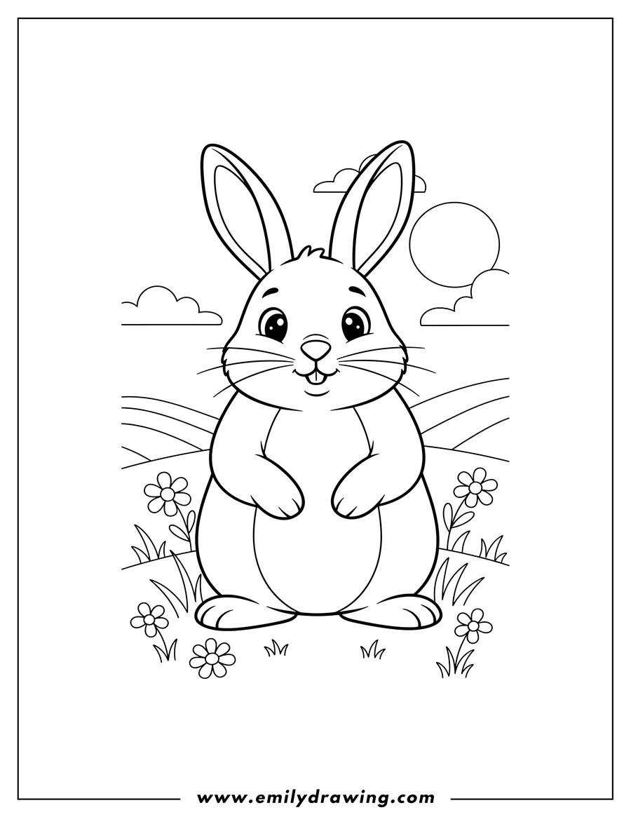 Coloring page for kids: cute rabbit with a visible nose, standing and looking forward in a field