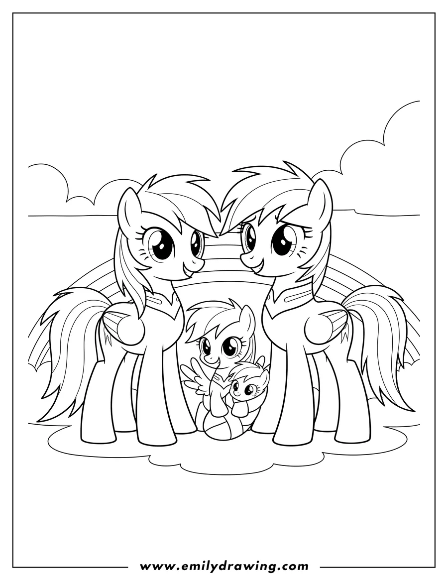 Downloadable coloring page of rainbow Dash and Soarin with their child holding a baby