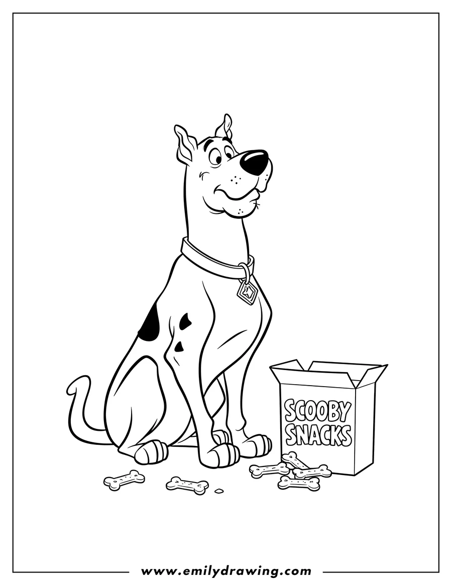 PDF style coloring page: scooby Doo sitting and looking up, next to a box of Scooby Snacks with some spilled, To Color Scaled