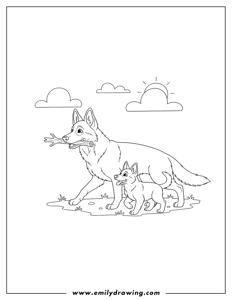 Clean line drawing: adult German Shepherd walking with a stick in its mouth, and a puppy walking alongside