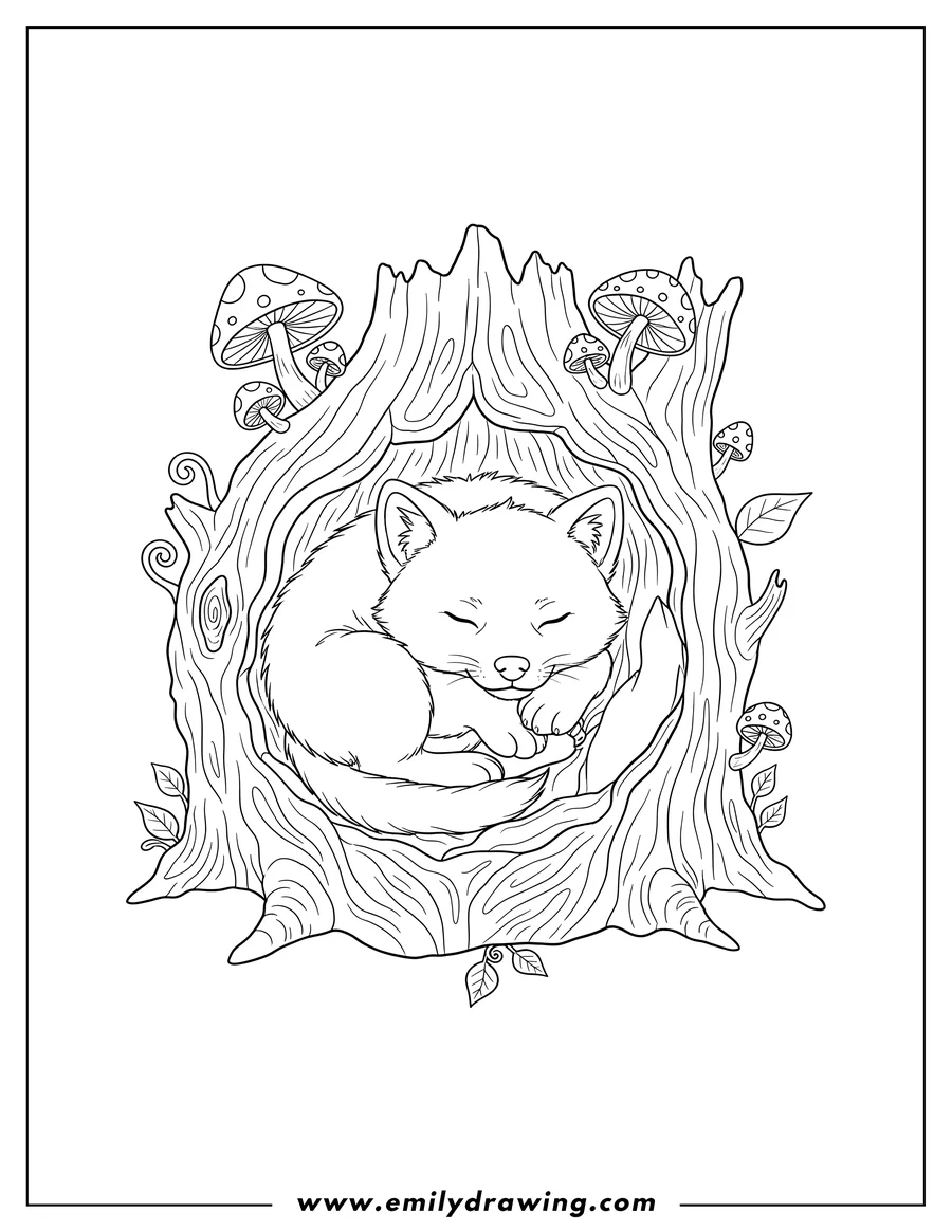 Simple sketch of sleeping Wolf Pup with closed eyes, curled up inside a tree hollow with mushrooms to color