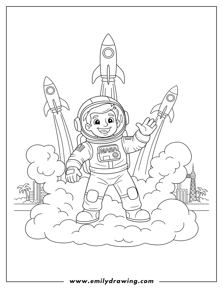 Printable coloring page of smiling cartoon astronaut wearing a NASA suit, standing in front of multiple rockets launching with smoke trails at Houston Space Center