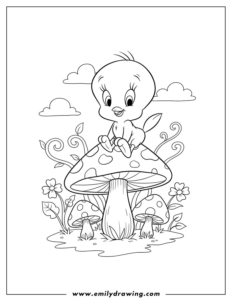 Coloring page of smiling Tweety Bird sitting among mushrooms