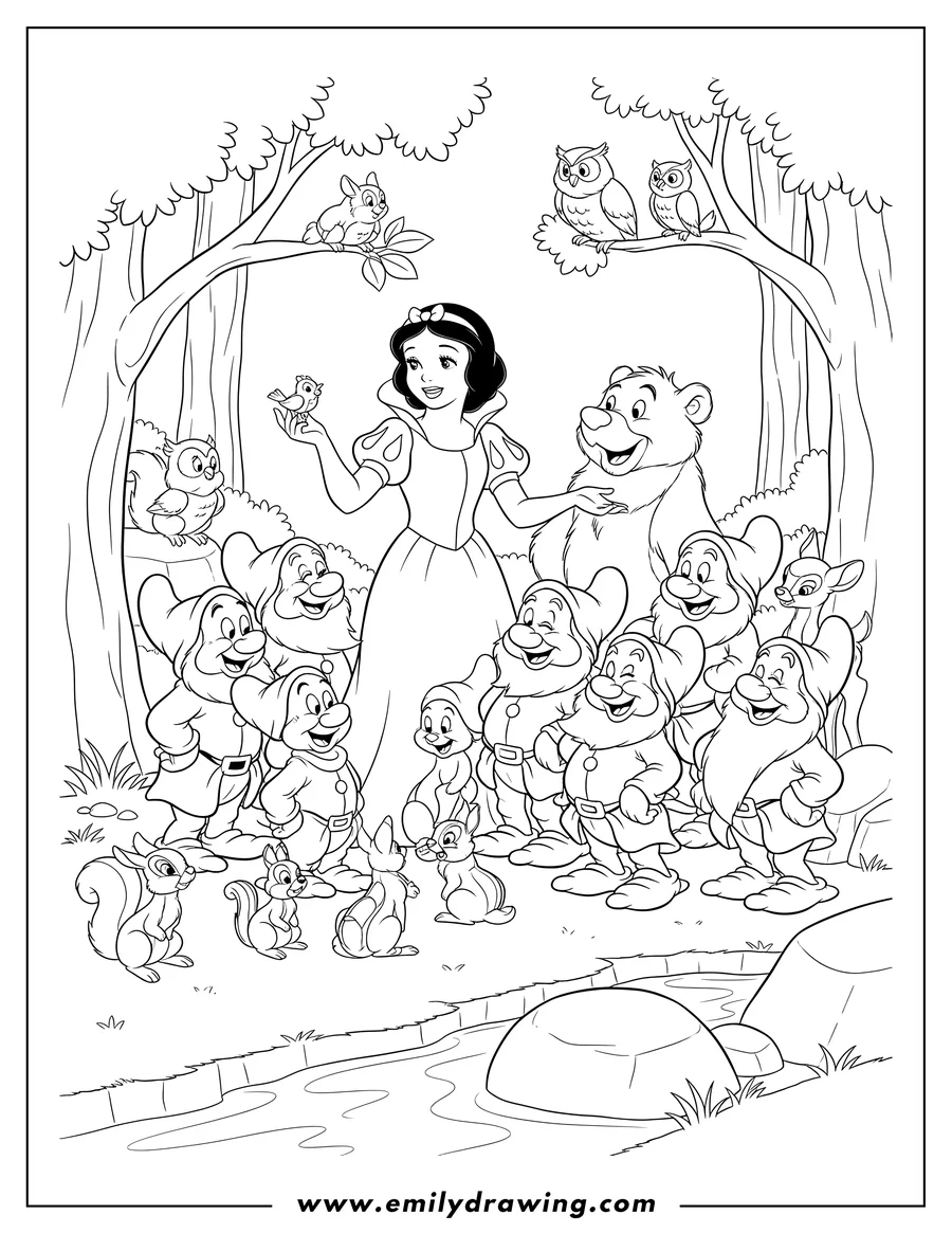 Coloring page for kids: snow White and the Seven Dwarfs gathered with forest friends