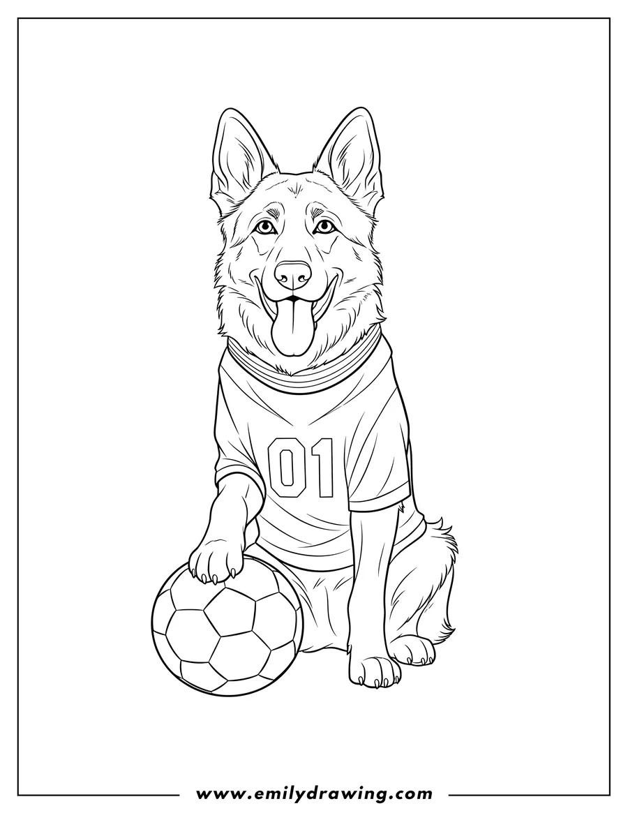 Doodle style coloring picture of sporty German Shepherd Sitting With Its Paw On A Soccer Ball, Tongue Out