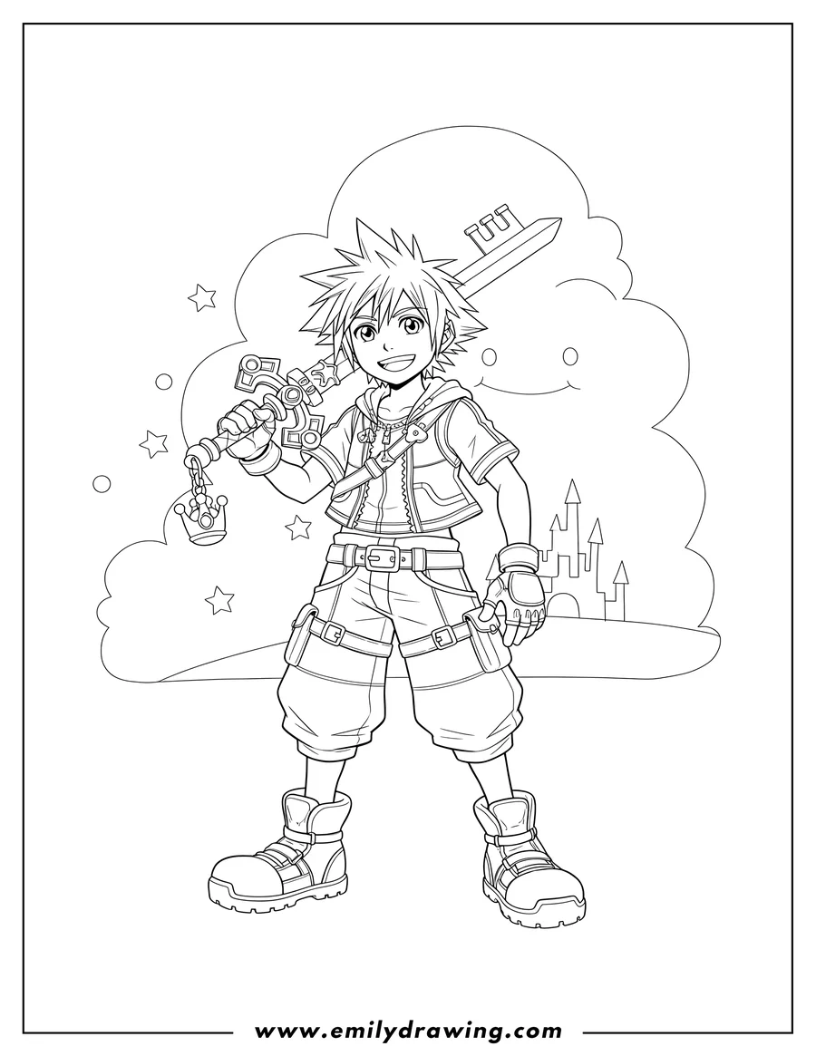 High quality printable sora smiling and holding his Keyblade over his shoulder for coloring